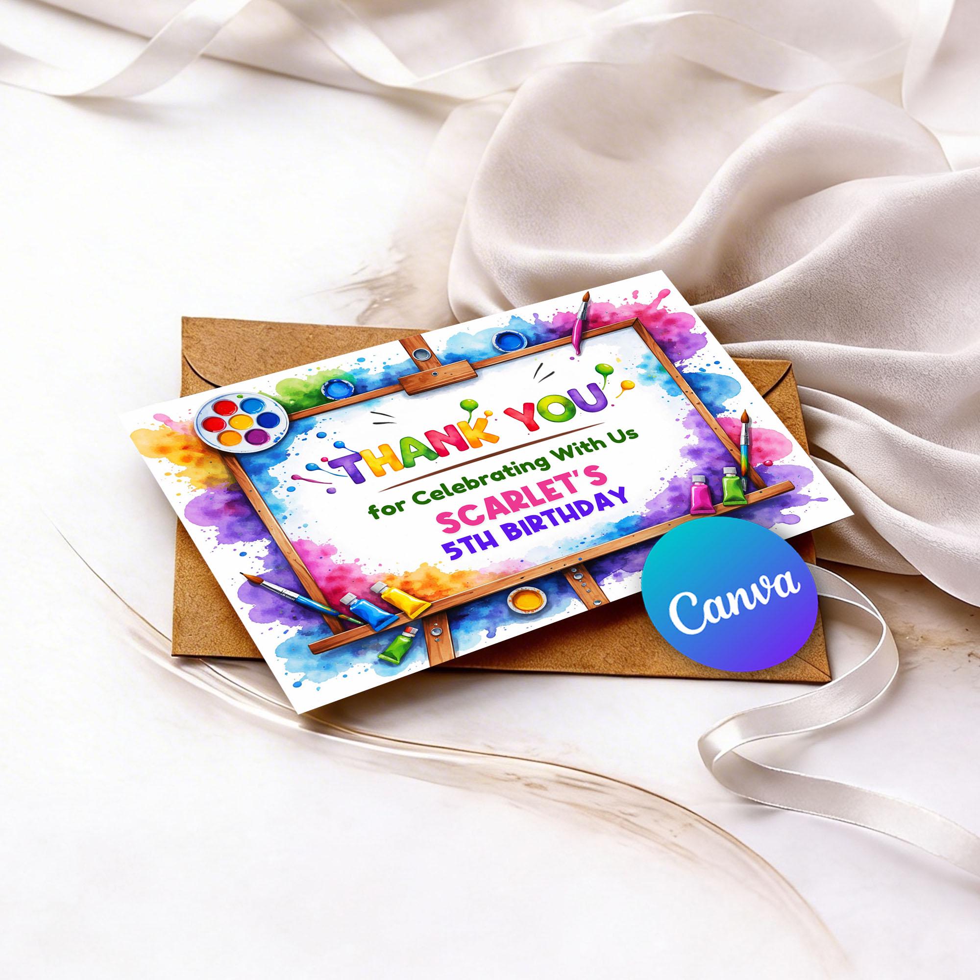 Art Party Thank You Card Kids Birthday Thank You Card, Paint Party ...