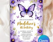 Butterfly Birthday Party Invitation, Editable Purple Butterfly Invitation Girl Template, Butterflies and Flowers Purple Invitation BB0881