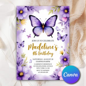Butterfly Birthday Party Invitation, Editable Purple Butterfly Invitation Girl Template, Butterflies and Flowers Purple Invitation BB0881