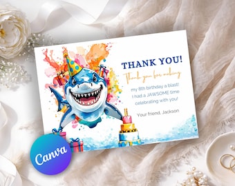 Shark Thank You Card, Shark Birthday Thank You Printable, Cute Shark Party Theme, Kids Birthday Thank You Card, Editable Canva SH0022