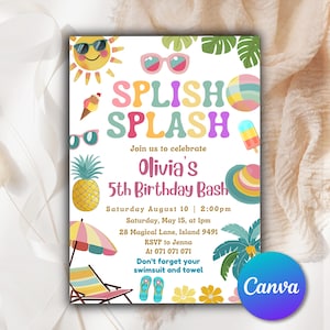 Splish Splash Birthday Invitation Pool Party Birthday Invitation Girly Splash Pad Water Slide Paddling Pool Summer Party Editable SS502