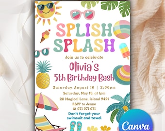 Splish Splash Birthday Invitation Pool Party Birthday Invitation Girly Splash Pad Water Slide Paddling Pool Summer Party Editable SS502