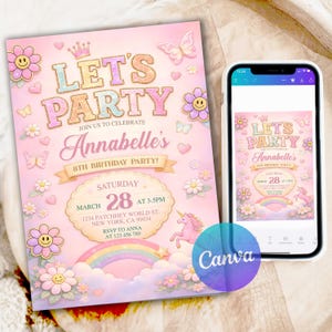 Op de afbeelding: Een roze verjaardagsfeestuitnodiging met de tekst "LET'S PARTY" en "Annabelle's 8th Birthday Party!" toont bloemen, vlinders, een regenboog en een eenhoorn. De uitnodiging wordt weergegeven naast een smartphone met hetzelfde ontwerp.