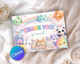Cute Pastel Birthday Thank You Card Editable Template, Kawaii Animal Party Thank You Kids Girl, Rainbow Canva Template Instant Download SQ15