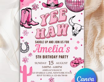 Pink Cowgirl Invitation, Disco Rodeo Birthday Invitations, Yee Haw Cowgirl Party, Rodeo, Editable Space Cowgirl Birthday Invitation PC096