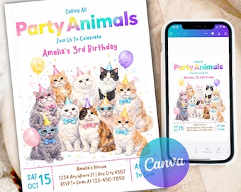 Cat Birthday Invitation, Are You Kitten Me Birthday Invite, Kitten Party Invitation, Paw-ty Birthday Invite, Rainbow, Editable Canva CB72