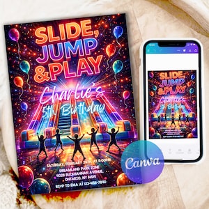 以下が含まれることがあります： 「SLIDE, JUMP & PLAY」と「Charlie's 5th Birthday」の文字が入った、鮮やかな誕生日パーティーの招待状。カラフルなインフレータブル滑り台、風船、子供たちのシルエットがデザインされています。スマートフォンにも同じデザインが表示されています。