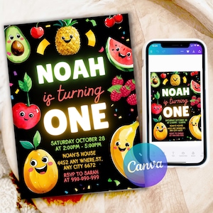 Dancing Fruit Party Kids Birthday Invitation Simple and Easy Edit Party Kids Birthday Invitation Editable Hey Bear Sensory Invitation HB772