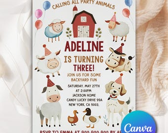 Farm Birthday Invitation, Barnyard Party Invite, Cute Farm Animals Party Invite, Editable Invite, Instant Download, Printable template F0775