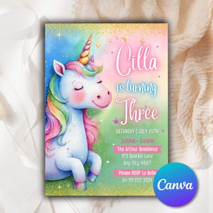Unicorn Birthday Invitation, Pastel Rainbow Party Invitation, Sparkle Design Invite, Downloadable Printable Canva Template for Girls UB082