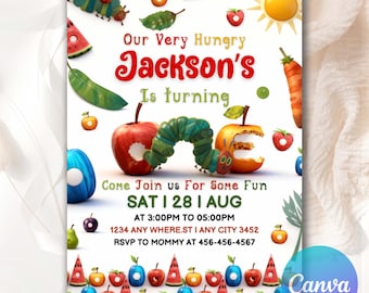Very Hungry Caterpillar First Birthday Invitation, Kid Invitation, Hungry Caterpillar Invite, Any Age, Caterpillar Invitation Template VHC2