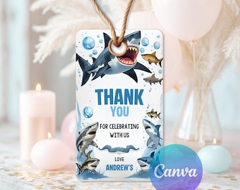Shark Thank You Tag Template, Ocean Birthday Favor Tag, Boy Shark Party Editable Canva Template, Kids Birthday Instant Download SH0023