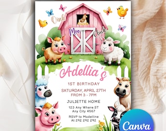 arm Birthday Party Invitation, Cute Farm Animals Party Invitation, Barnyard Party Invitation, Farm Animals Theme, Editable template F0774