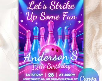 Let's Strike Up Some Fun Invite, Bowling Party Invitation, Birthday Invitation, Girl Bowling Invite, Pins, Editable Canva Template BSU702