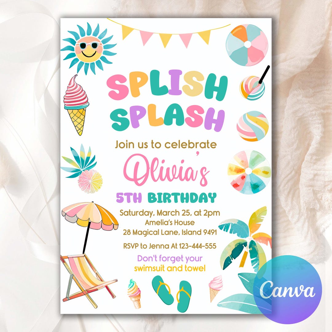 Tropical Pool Party Invitation: Girl's Summer Birthday, Editable Canva ...