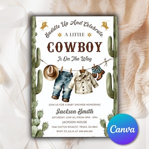 Modello di invito per baby shower a tema cowboy, modello "Wild Western blu polvere", invito "Un piccolo cowboy è in arrivo", modello "Stendibiancheria da cowboy" CBS331