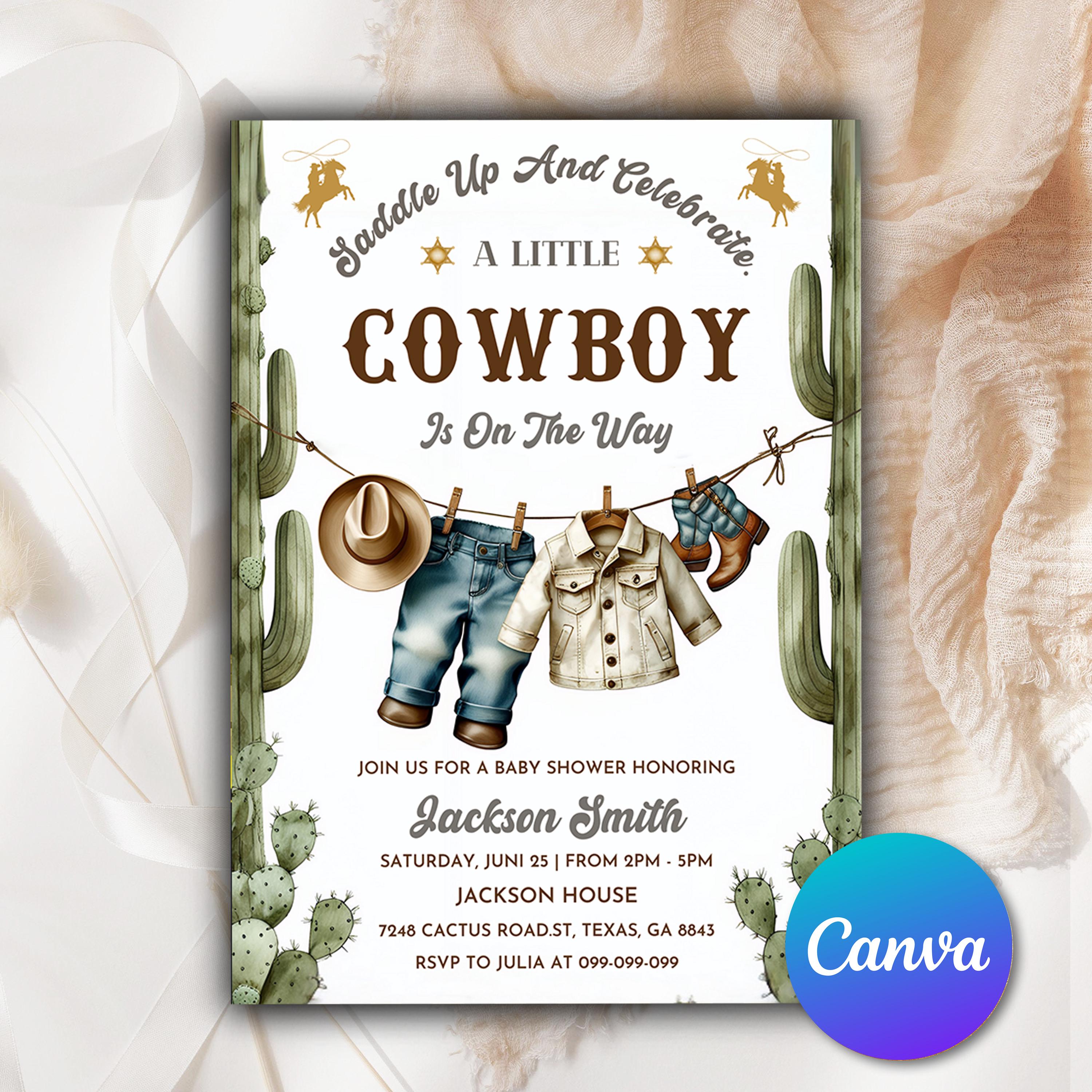 Cowboy Baby Shower Invitation Template, Dusty Blue Wild Western, A little Cowboy Is On The Way Invite, Cowboy Clothesline Baby Shower CBS331