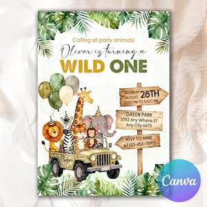 Può includere: Invito di compleanno a tema safari con la scritta "Calling all party animals! Oliver is turning a WILD ONE". Il design include una jeep con personaggi animali, palloncini e dettagli della festa.