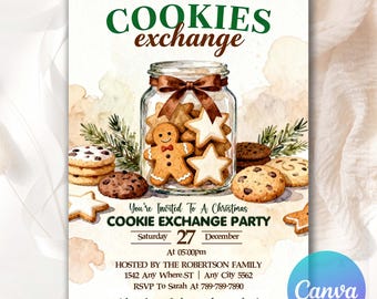 Convite editável para troca de biscoitos de Natal, convite digital para festa de troca de biscoitos de Natal, convite imprimível para festa de troca de biscoitos de Natal CC59