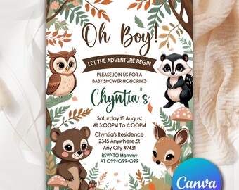 Woodland Boy Baby Shower Invitation, Forest Animals Invitation Template Download, Editable Woodland Boy Baby Shower Invitation Canva WLB673