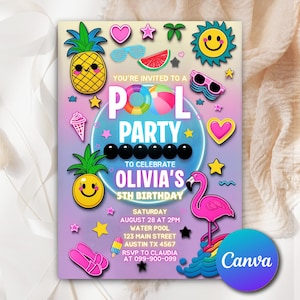 Pool Party Birthday Party Invitation, Blue Green Neon Glow Swim Invite for Boys, Pool Theme, Editable Pool Party Birthday Invitation PP046