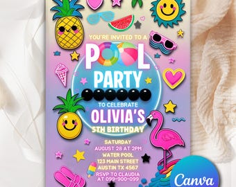 Invitación de cumpleaños con temática de piscina, invitación de natación azul y verde neón para niños, temática de piscina, invitación de cumpleaños editable para fiesta en la piscina PP046