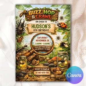 Insektbaggar födelsedagsinbjudan, utomhusinbjudningsmall, Buzz Hop Crawl, naturtemafest, läskiga kryp, direktnedladdning redigerbar canvas