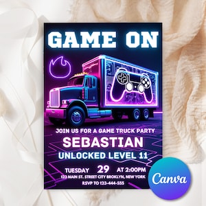 Video Game Truck Birthday Party Invitation Set Boy Canva Printable Editable Canva Instant Digital Download Gamer Birthday Invite Neon VG56