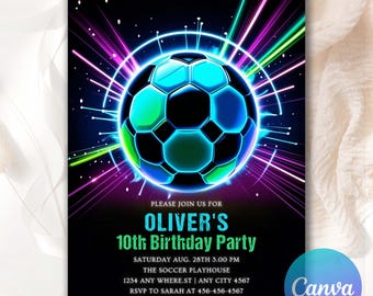 Invitación de fútbol, plantilla de invitación de fútbol neón, invitación deportiva, invitación deportiva editable, invitación neón, invitación de cumpleaños con zapatillas SC0054