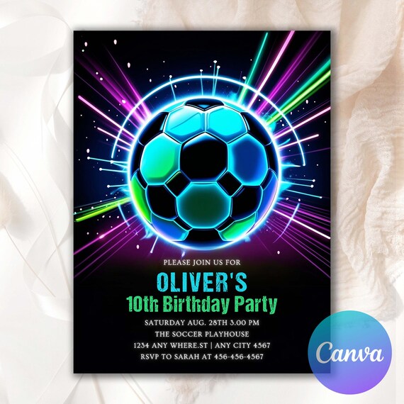 Football Invite Neon Soccer Invite Template Sports Invitation Sport Invite Editable Neon Invitation Sneakerball Birthday Invitation SC0054