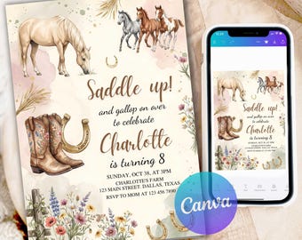 Redigerbar Canvas-mall för hästfödelsedagsinbjudan, inbjudan till cowgirlfödelsedagsfest, digital HBI11 för västerländsk bohohästfödelsedagsflicka med bondgårdsfest