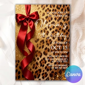 Pode incluir: Um convite de aniversário com fundo de estampa de leopardo e uma fita vermelha. O convite diz "13º Aniversário de Olivia" com data, hora e local. O logotipo da Canva está no canto inferior direito.
