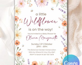 Wildflower Baby in Bloom Baby Shower Invite, Spring Flowers Baby Shower Invite, Editable A Little Wildflower Baby Shower Invitation WB053