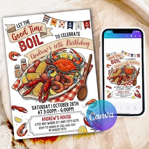 Peut inclure: Une carte d'invitation d'anniversaire illustrée avec un plateau de fruits de mer, crabe, crevettes, maïs et pommes de terre. Le texte indique Let The Good Time Boil To Celebrate Andrew's 10th Birthday, la date et le lieu de la fête.