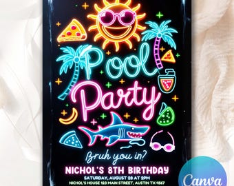 May include: Black invitation with neon-style graphics for a pool party. The design includes a smiling sun wearing sunglasses, palm trees, pizza slices, and a shark. Text reads "Pool Party" and "Bruh you in?" with party details.