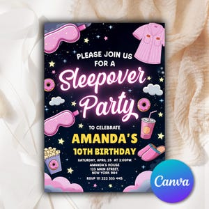Editable Slumber Party Birthday Invitation Sleepover Birthday Invite Pink Girl Spa Tween Teen Digital Download Printable Template Canva SO51