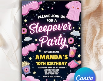 Editable Slumber Party Birthday Invitation Sleepover Birthday Invite Pink Girl Spa Tween Teen Digital Download Printable Template Canva SO51