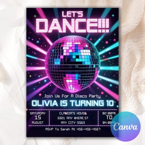 Disco Ball Birthday Party Invite, Neon Glow Party, 80s Party, Disco Party Invite, Editable Disco Party Birthday Invitation Template DP0061
