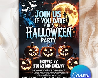 Halloween Party Invitation, Spooky Pumpkin Theme Invitation, Editable Halloween Party Invitation Canva Template, Instant Download HL0771