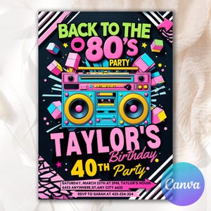 May include: A vibrant invitation for a 40th birthday party with an 80s theme. The design features a retro boombox in teal, pink, and yellow, with the text "BACK TO THE 80'S PARTY" and "TAYLOR'S Birthday 40TH Party".