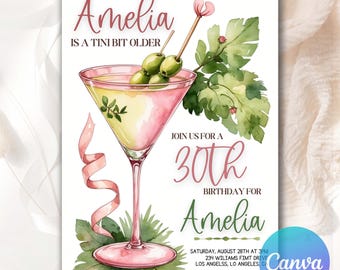A Tini Bit Older Birthday Invitation, Dirty Martini Women's Party Digital Invite, Modern Ladies Girls Cocktail Invite, Editable Template TX1