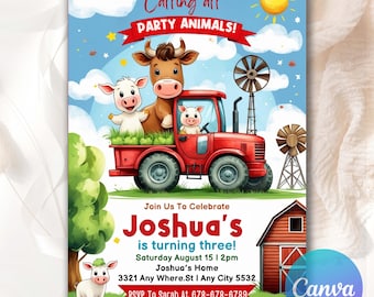 Farm Animals Party Invitation, Farm Birthday Invitation, Barnyard Animals Ranch Kids Birthday Invitation, Editable Farm Animals Invite F0777