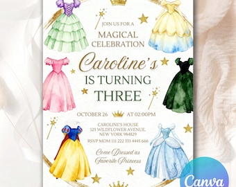 Four Ever A Princess verjaardagsuitnodiging, Princess Party Royal thema aquarel, Fourever A Princess, 4e verjaardag uitnodigen, bewerkbaar canvas