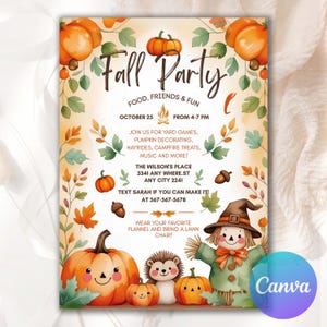 May include: A fall party invitation with watercolor pumpkins, leaves, and a scarecrow. The text reads "Fall Party" and includes details for yard games, pumpkin decorating, and campfire treats. The date is October 25th.