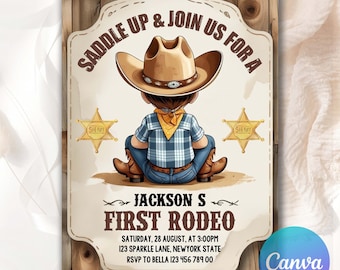 Sjabloon eerste rodeo-uitnodiging, mijn 1e rodeo-uitnodiging, jongen cowboy verjaardagsuitnodiging, wilde westen verjaardagsuitnodiging, bewerkbare Canva FR47