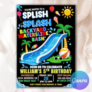 Water Slide Invitation, Water Slide Bash, Boy Girl Splash Party Invite, Editable Waterslide Birthday Invitation, Canva Invite Template CG503