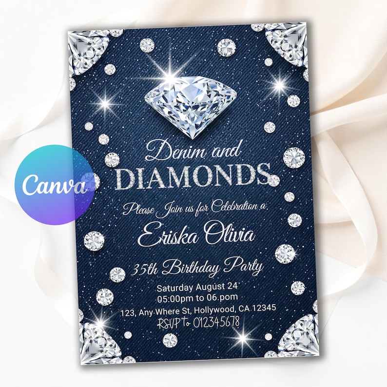 Denim birthday,Luxury invitation,Retro invitation,Denim and diamonds,Denim invitation,Diamonds invitation,Diamonds birthday,denim birthday party,digital flyer invite,jean party,diamonds and denim,Denim invite,Diamonds invite,