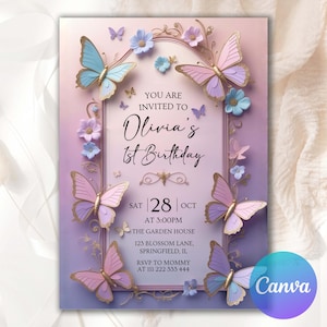 Butterfly Birthday Invitation, First Birthday Invitation, Girl Butterfly Party, Purple Butterfly Birthday Invite, Editable Canva Template