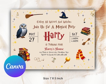 Wizards Witches Birthday Invitation Landscape, Editable Magical School Wizardry Birthday Party Invitation Printable Template Digital MWW014L
