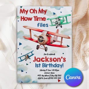 Airplane 1st Birthday Invitation, Time Flies 1st Birthday Invitation Template, Editable Boy Airplane Party Invite, Kid Birthday Invite AP901
